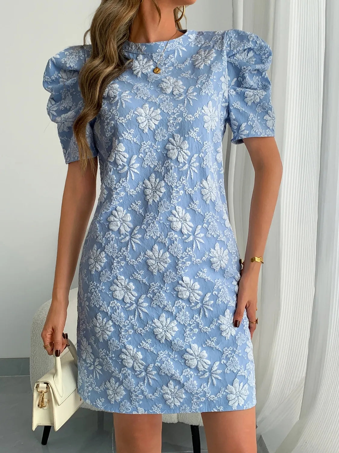 Round Neck Puff Short Sleeve Mini Dress - Roe Creation