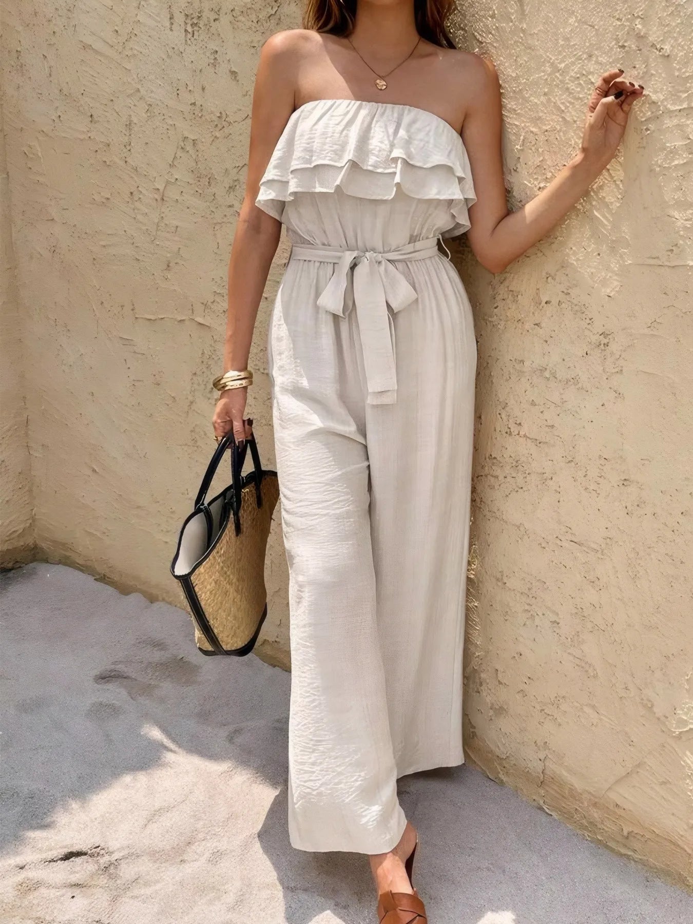 Off-Shoulder Ruffled Wide Leg Jumpsuit - Roe Creation
