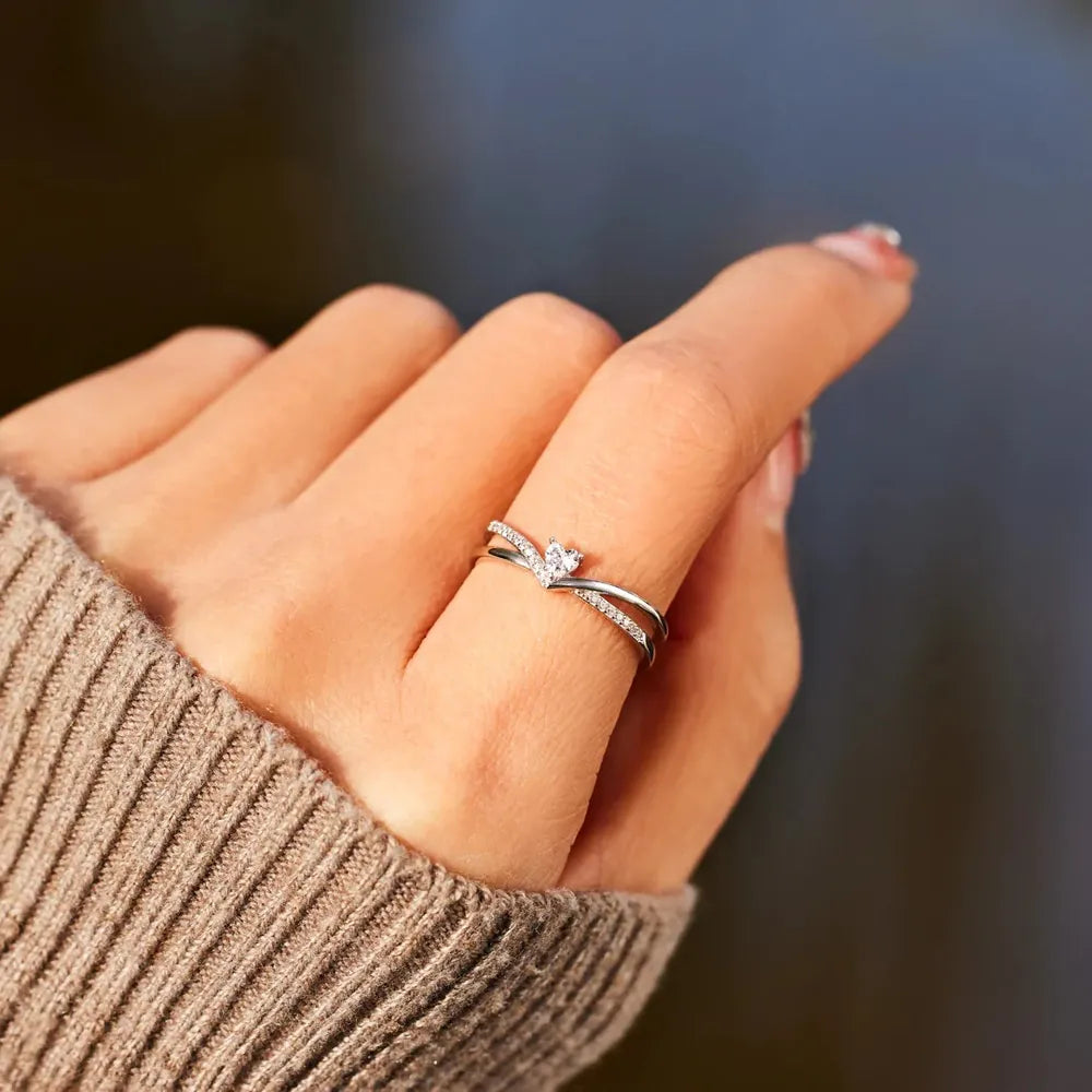 925 Sterling silver Inlaid Zircon Heart Open Ring - Roe Creation