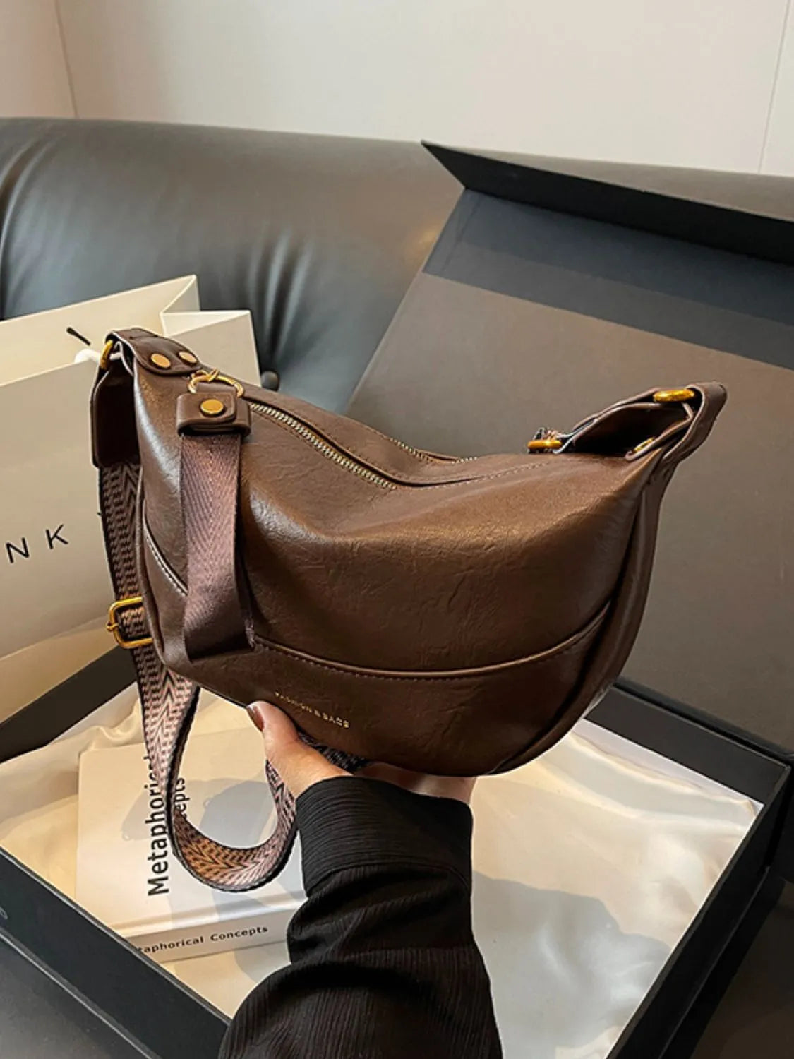 Leather Shoulder Bag with Woven Strap - Roe Creation