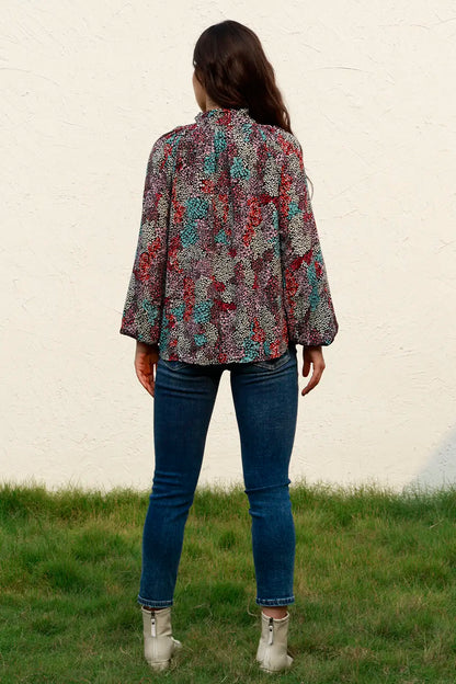 Tie Neck Heathered Blouse with Balloon Sleeves - Roe Creation