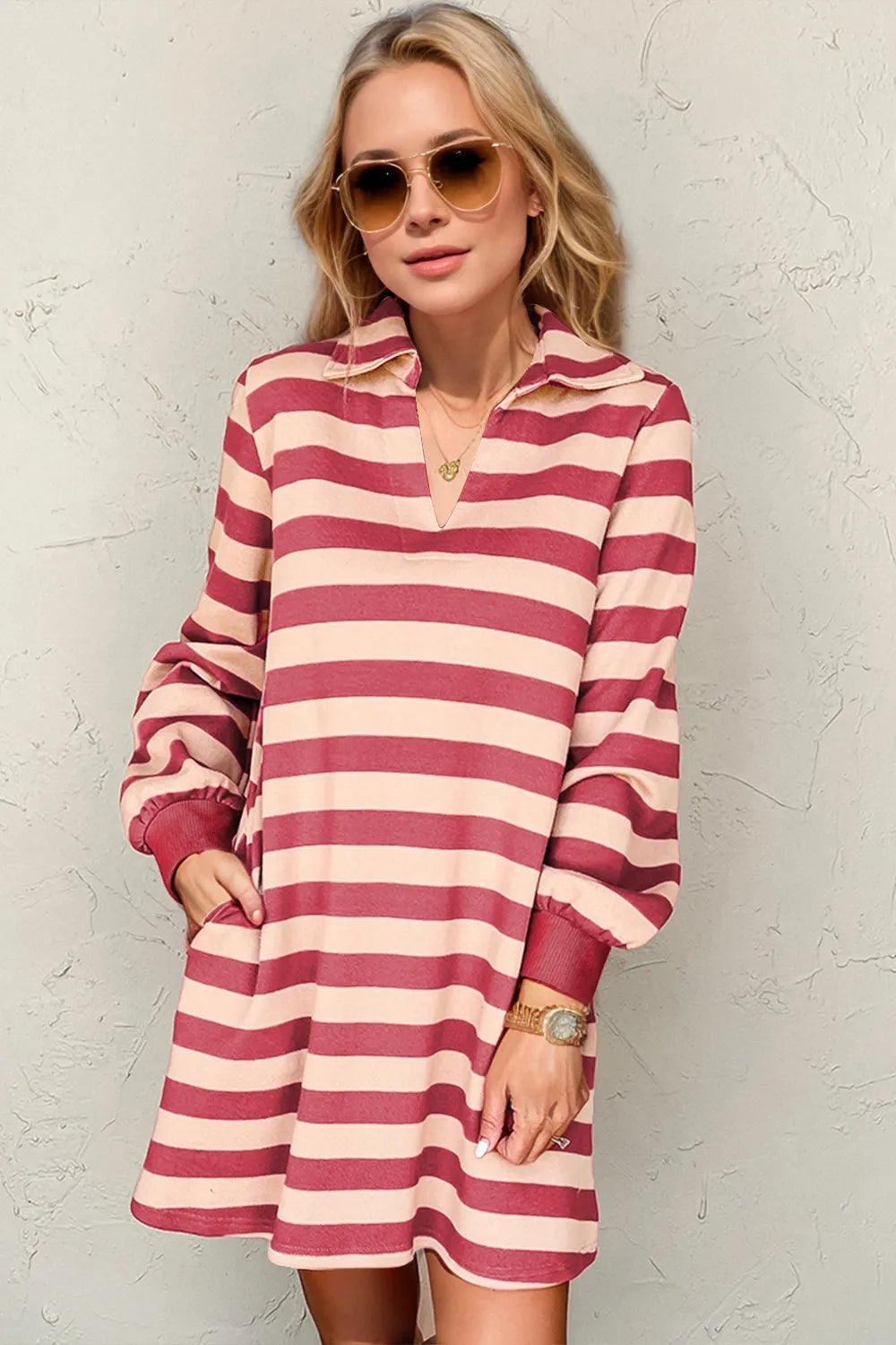 Double Take Full Size Striped Contrast Collared Neck Long Sleeve Dress - Roe Creation