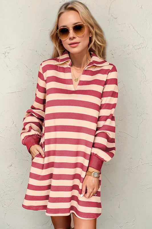 Double Take Full Size Striped Contrast Collared Neck Long Sleeve Dress - Roe Creation