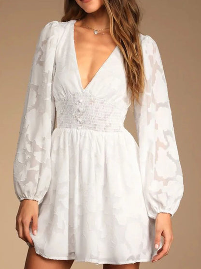Smocked V-Neck Balloon Sleeve Dress - Roe Creation