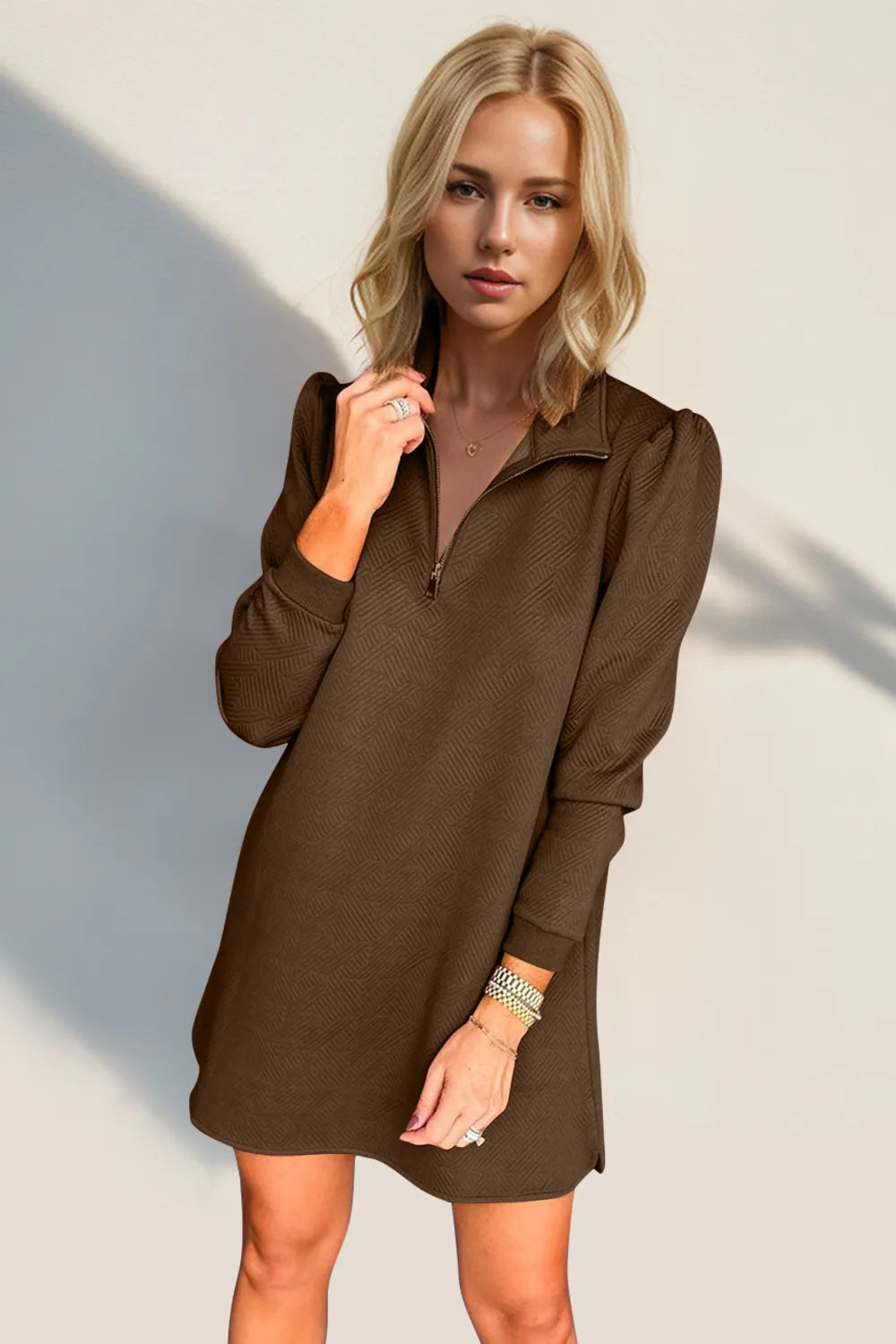 Double Take Textured Quarter Zip Long Sleeve Dress - Roe Creation