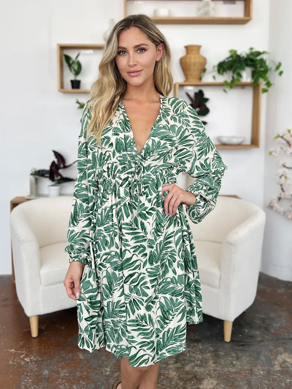 Double Take Full Size Printed Ruched Balloon Sleeve Dress - Roe Creation