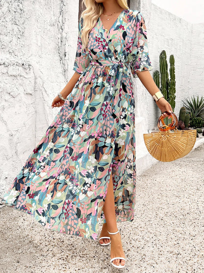 Slit Printed Surplice Half Sleeve Maxi Dress - Roe Creation