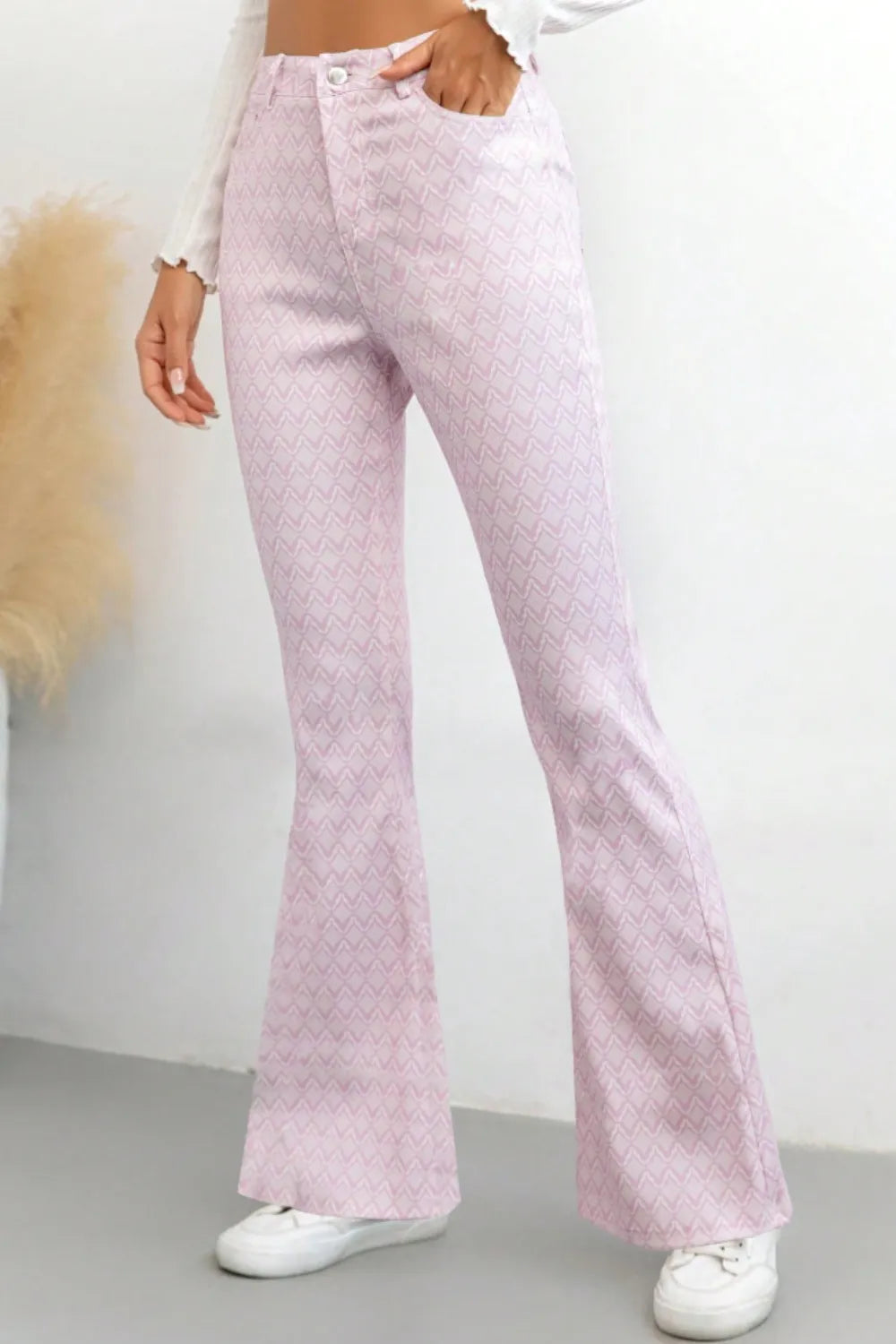 Printed High Waist Flare Pants with Functional Pockets – Women’s Trendy Trousers - Roe Creation