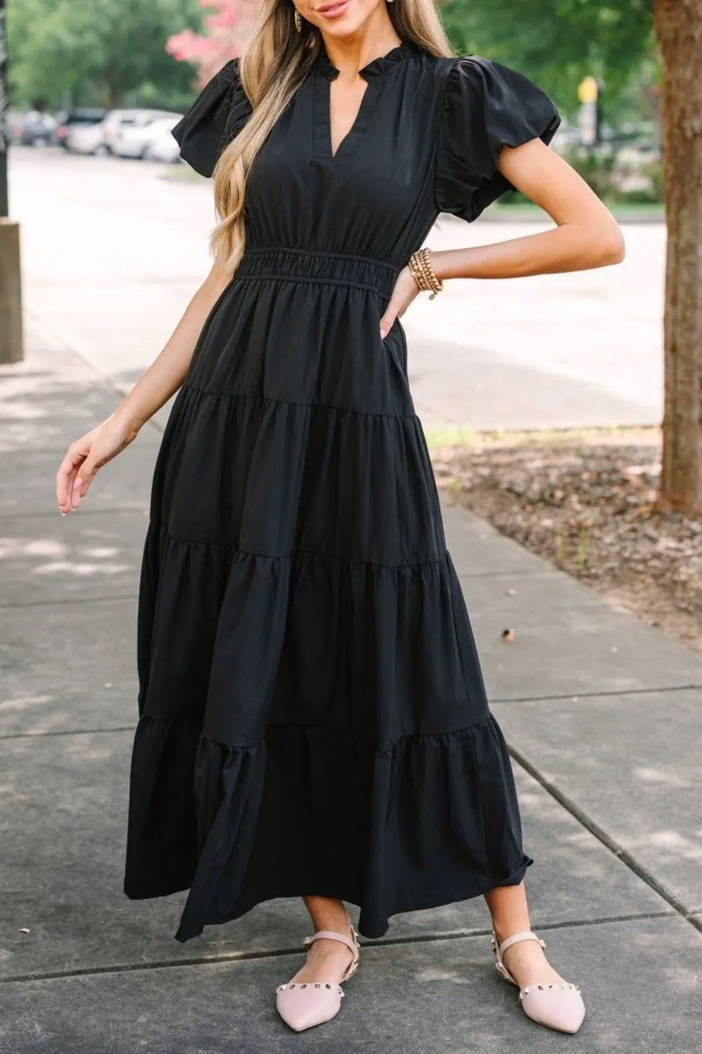Notched Short Puff Sleeve Dress - Roe Creation