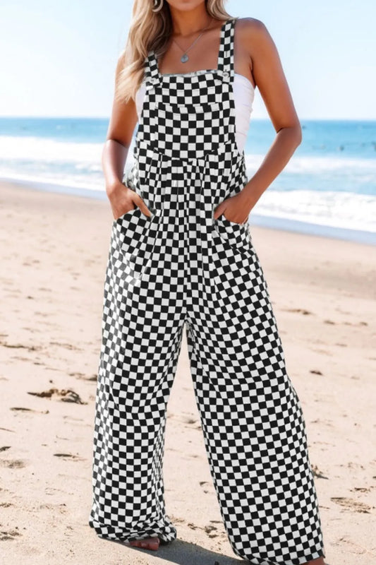 Checkered Print Pocketed Wide Leg Jumpsuit - Roe Creation