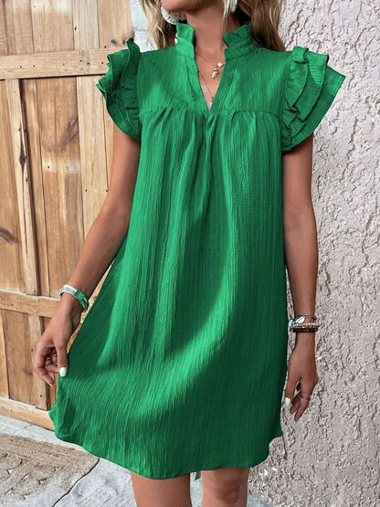 Ruffled Notched Cap Sleeve Mini Dress - Roe Creation