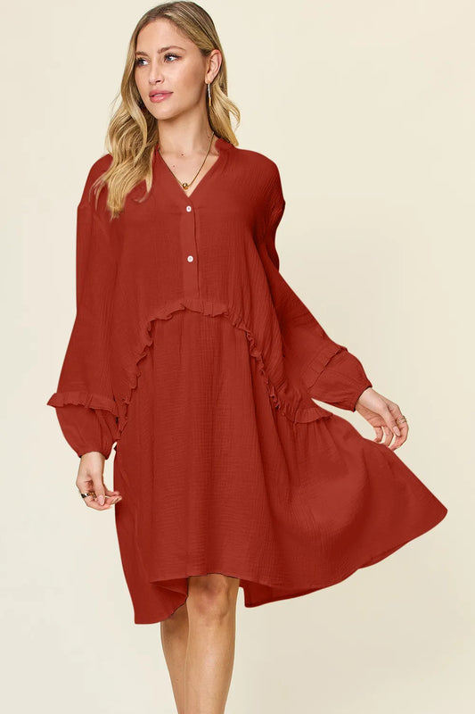 Double Take Full Size Texture Half Button Ruffle Trim Dress - Roe Creation