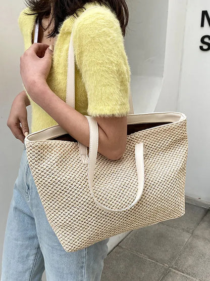Woven Straw Tote Bag in Solid Colour - Roe Creation