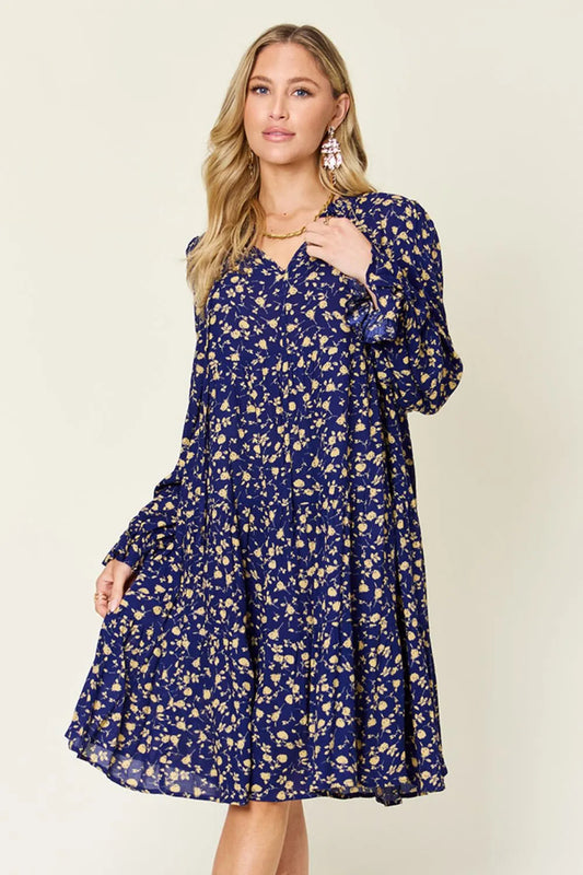Double Take Full Size Printed Ruffle Hem Long Sleeve Tiered Dress - Roe Creation
