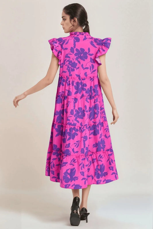 Oh Full Size Ruffled Printed Notched Cap Sleeve Midi Dress - Roe Creation