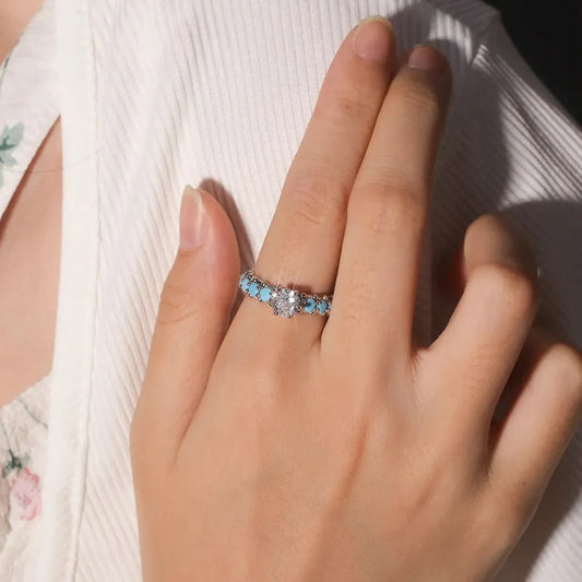 Inlaid Artificial Turquoise Zircon 925 Sterling Silver Ring - Roe Creation