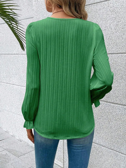 V-Neck Blouse with Lace Detail and Flounce Sleeves - Roe Creation