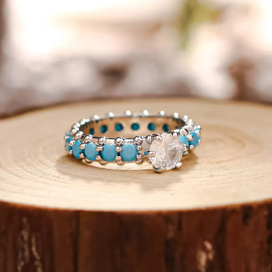 Inlaid Artificial Turquoise Zircon 925 Sterling Silver Ring - Roe Creation
