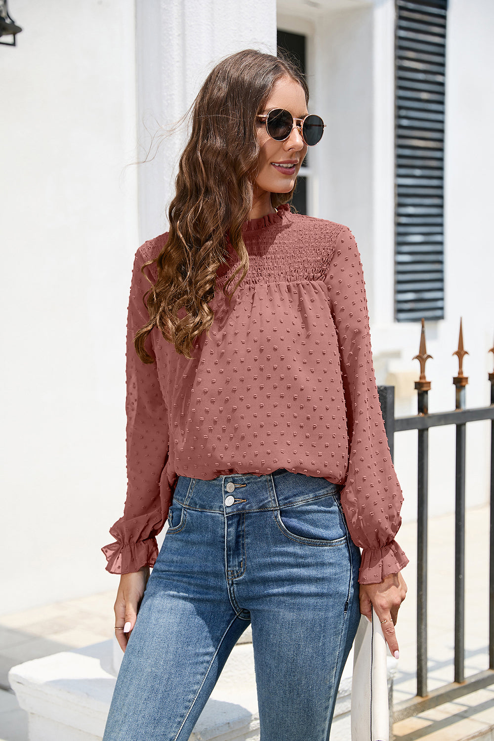 Smocked Swiss Dot Mock Neck Top – Elegant Sheer Blouse for Women - Roe Creation