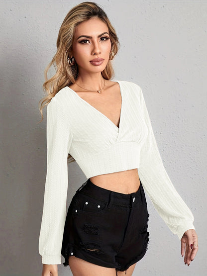 Textured V-Neck Cropped Top – Minimalist Summer Style for Women - Roe Creation