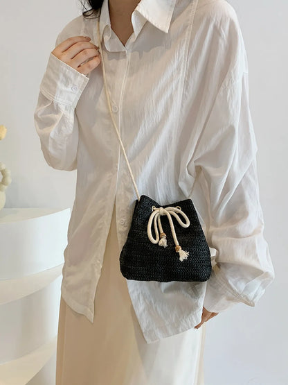 Straw Braided Bucket Bag with Drawstring Closure - Roe Creation