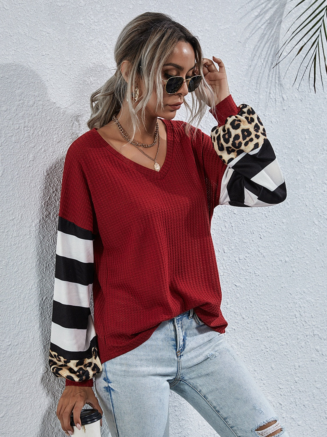Women’s Leopard Striped Waffle-Knit Top – Stylish Casual Wear - Roe Creation