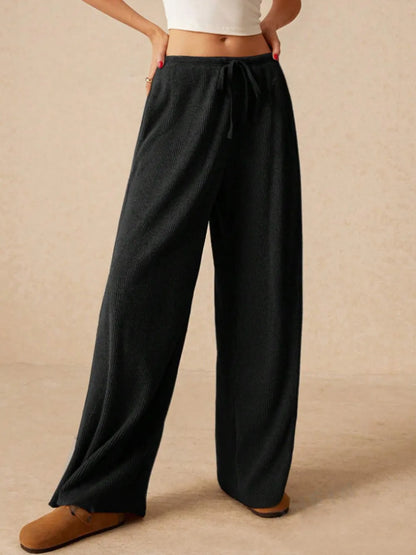 Ribbed Drawstring Wide Leg Pants - Roe Creation