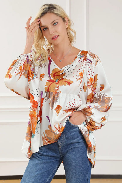 Printed V-Neck Smocked Balloon Sleeve Blouse - Roe Creation