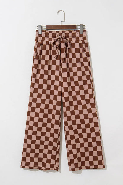 Checkered Elastic High Waist Loose Casual Pants - Roe Creation