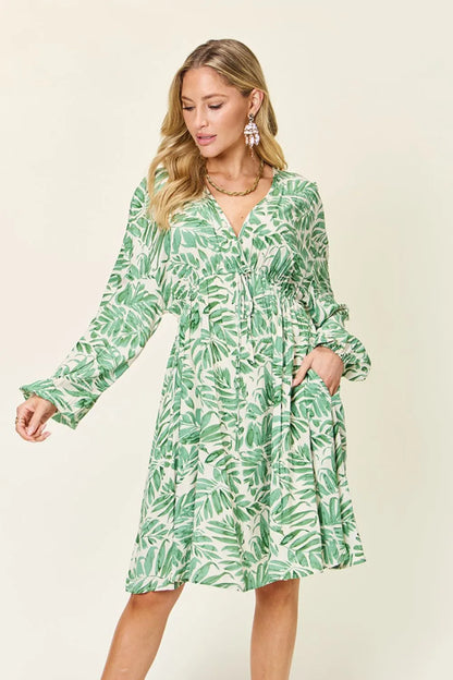 Double Take Full Size Printed Ruched Balloon Sleeve Dress - Roe Creation