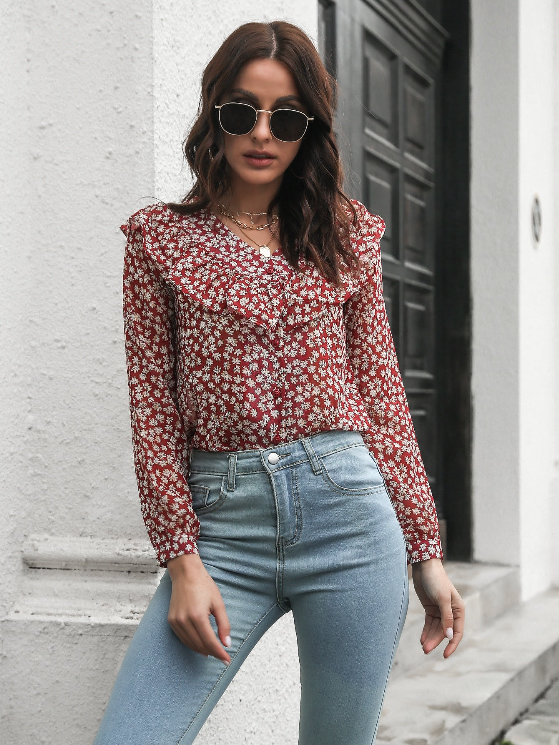 Printed Statement Collar Blouse – Bold Long Sleeve Top for Women - Roe Creation