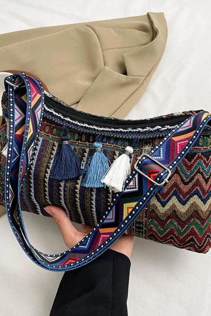 Retro Patterned Shoulder Bag with Tassel and Adjustable Strap - Roe Creation