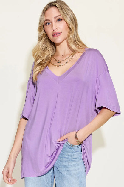 Basic Bae Full Size Bamboo V-Neck Drop Shoulder T-Shirt - Roe Creation