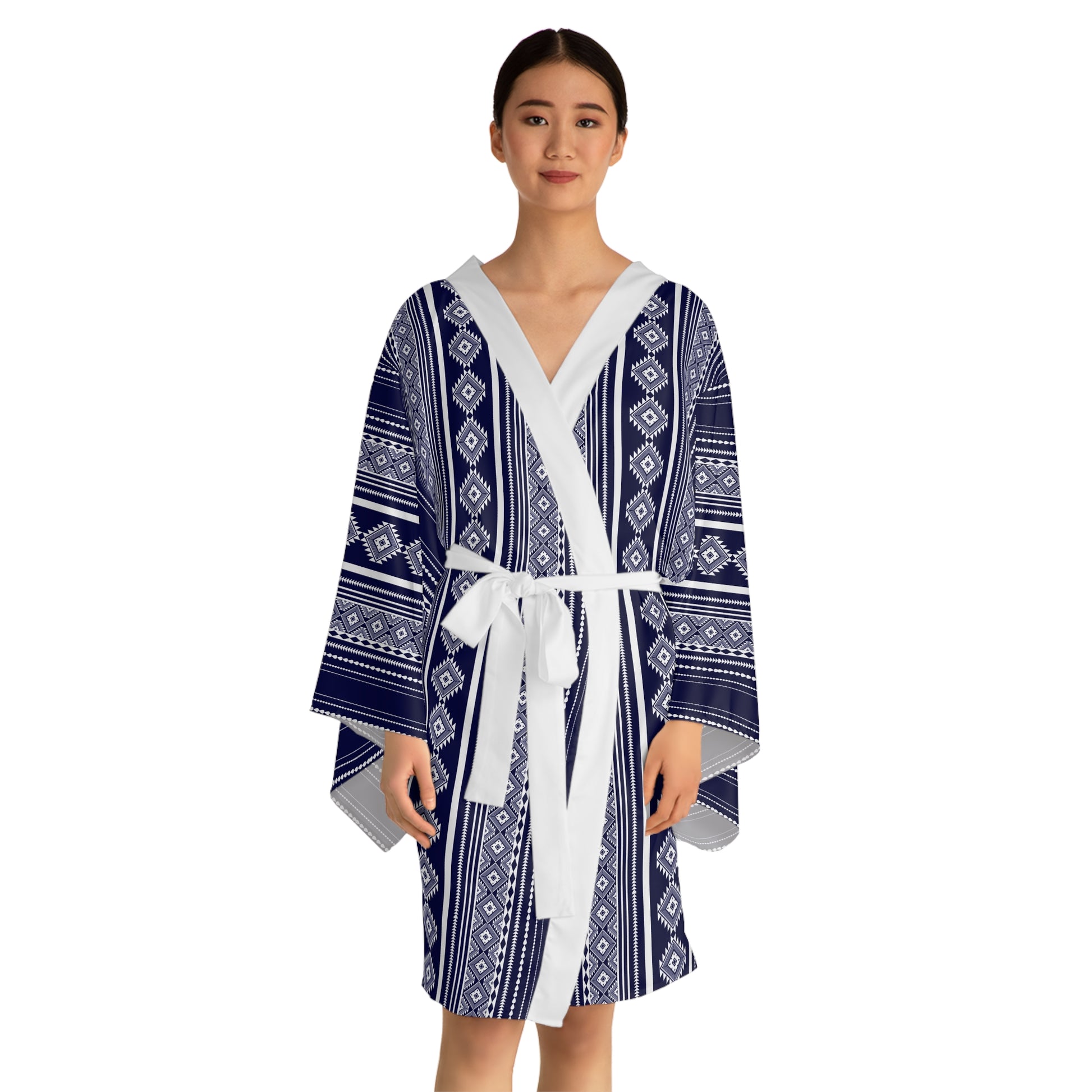 Navy Blue Patterned Long Sleeve Kimono Robe - Stylish Homewear for Relaxation & Celebrations - Roe Creation