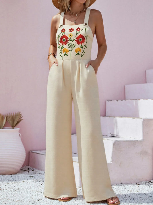 Floral Embroidered Wide Leg Jumpsuit - Roe Creation