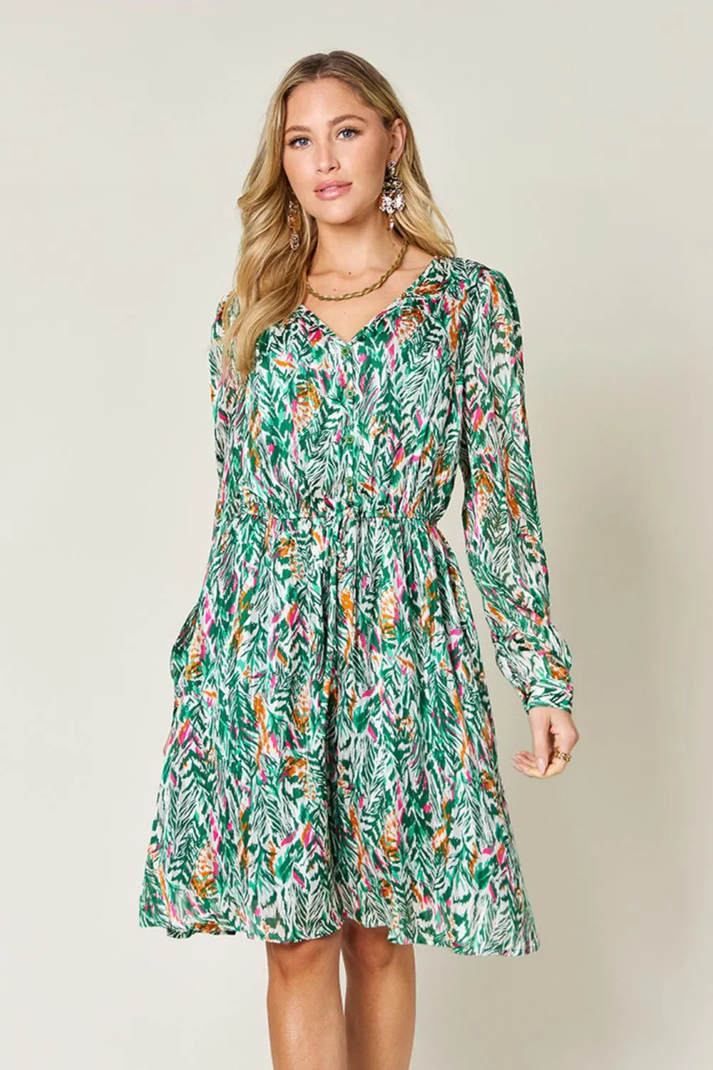 Double Take Full Size Printed Drawstring Waist Long Sleeve Dress - Roe Creation