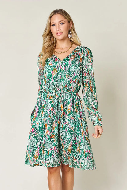 Double Take Full Size Printed Drawstring Waist Long Sleeve Dress - Roe Creation