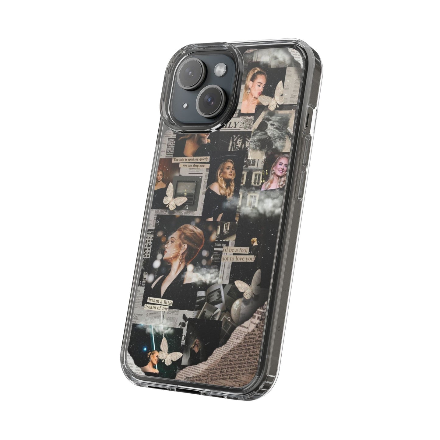 Adele Aesthetic Clear Phone Case with Butterfly Collage Design
