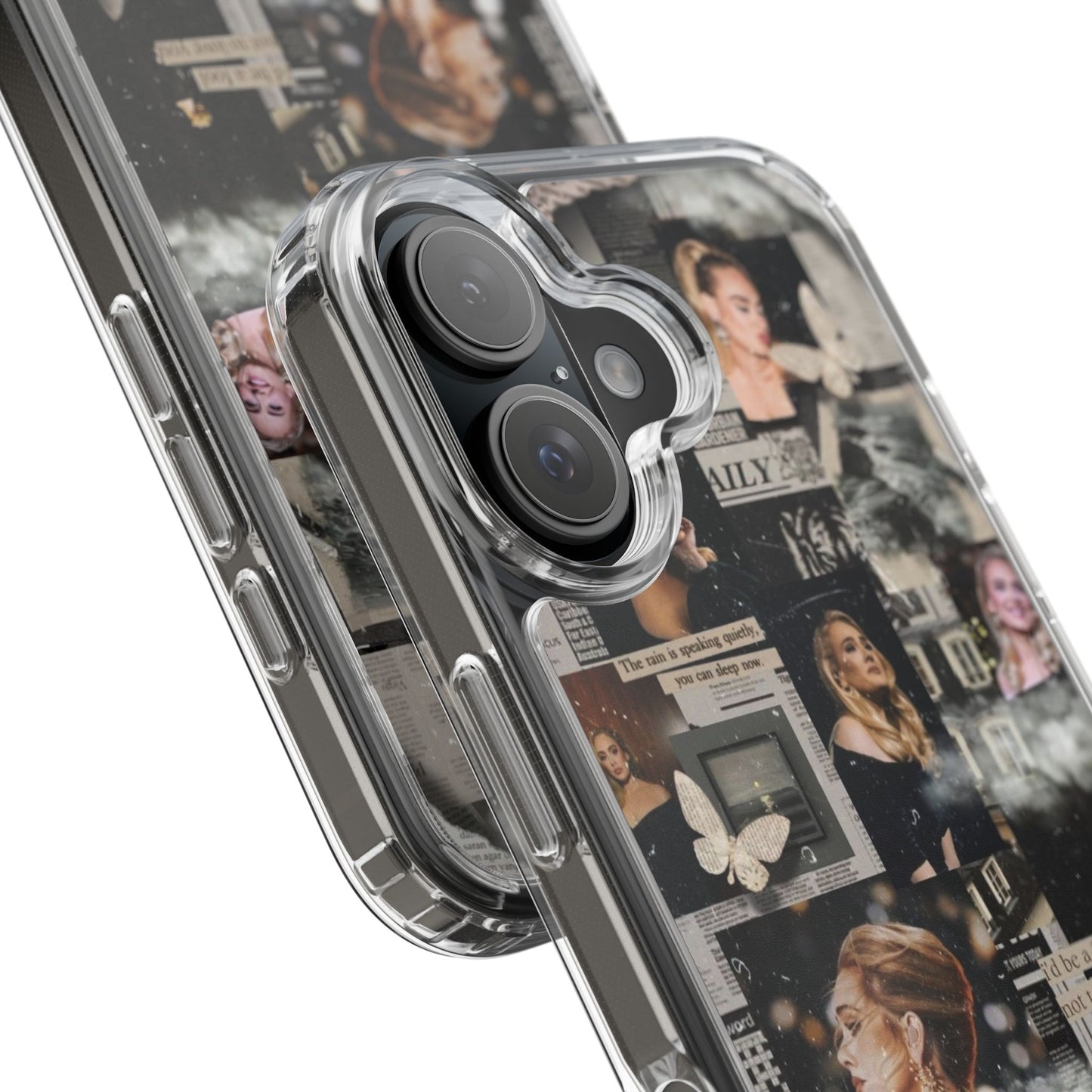 Adele Aesthetic Clear Phone Case with Butterfly Collage Design