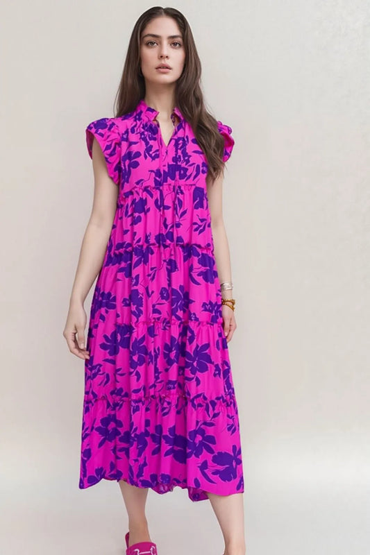 Oh Full Size Ruffled Printed Notched Cap Sleeve Midi Dress - Roe Creation