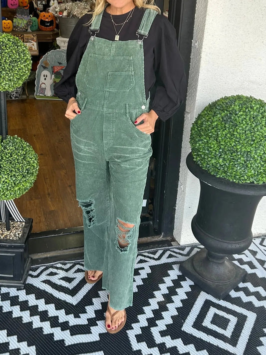 Distressed Wide Leg Corduroy Overalls - Roe Creation