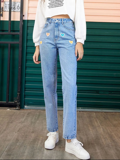 Heart Straight Leg Jeans with Pockets - Roe Creation