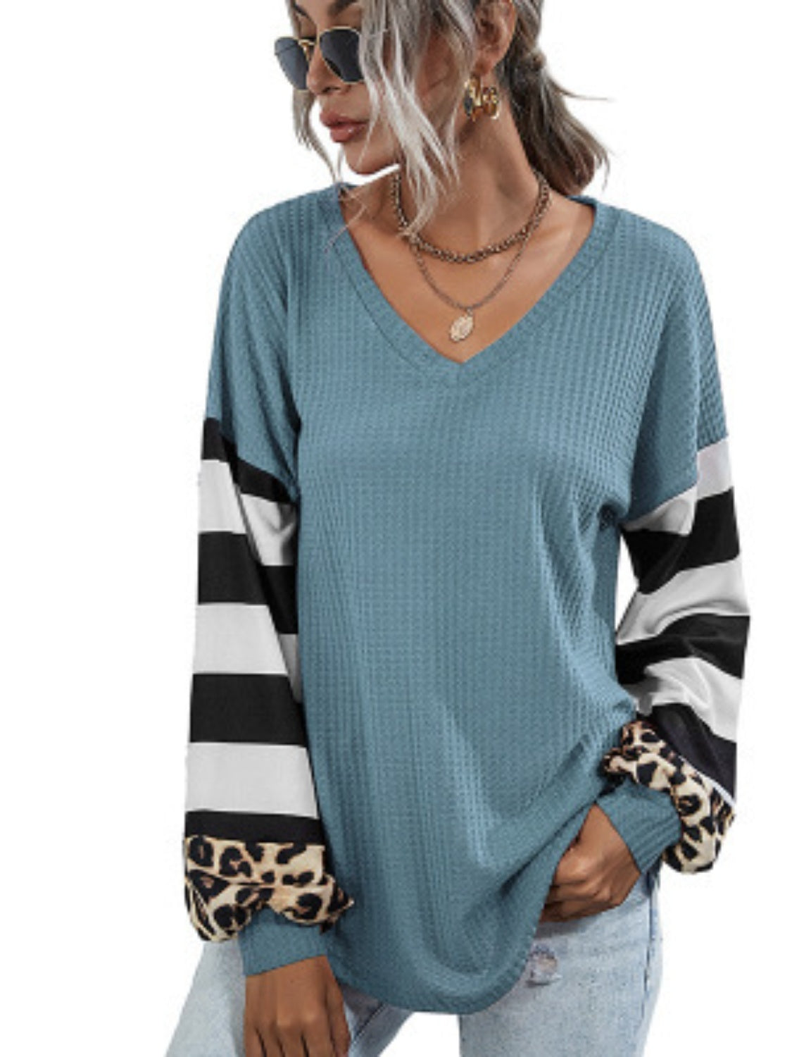 Women’s Leopard Striped Waffle-Knit Top – Stylish Casual Wear - Roe Creation