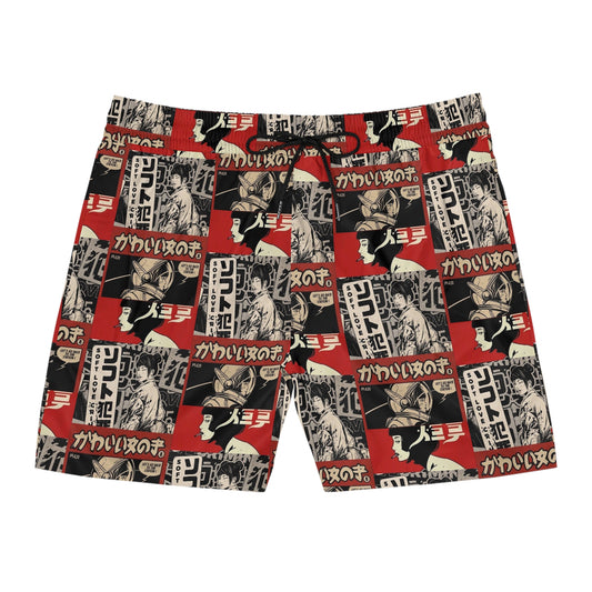 Retro Japanese Print Men's Swim Shorts - Stylish Beachwear