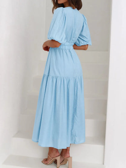 V-Neck Puff Sleeve Midi Dress - Roe Creation