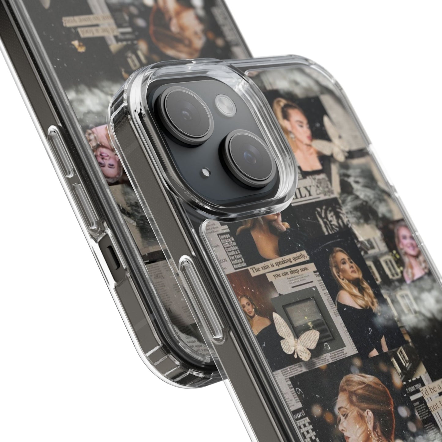 Adele Aesthetic Clear Phone Case with Butterfly Collage Design