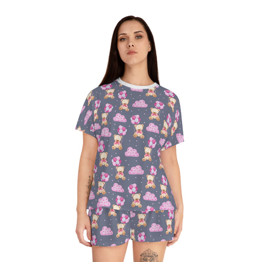 Cute Short Pajama Set for Women - Fun Cloud & Bear Print, Sleepwear, Loungewear.