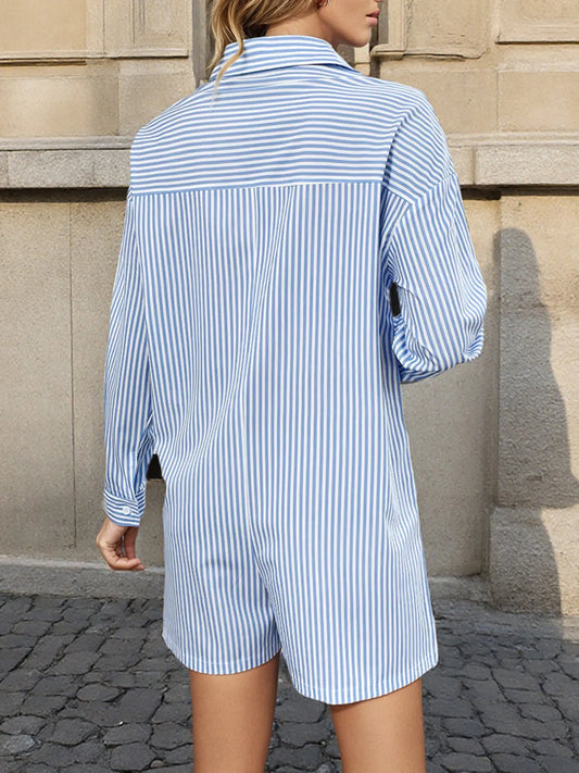 Striped Button Front Long Sleeve Romper - Roe Creation