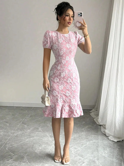 Floral Short Sleeve Dress with Ruffled Hem - Roe Creation