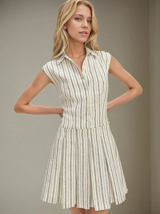 Striped Sleeveless Button Front Shirt Dress - Roe Creation